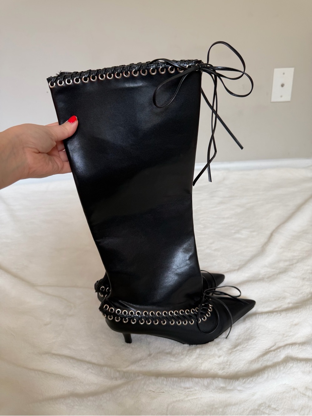 Goolita Metal Eyelets Pointed Toe Knee High Boots Women Kitten Heel Size 7 - Picture 12 of 16